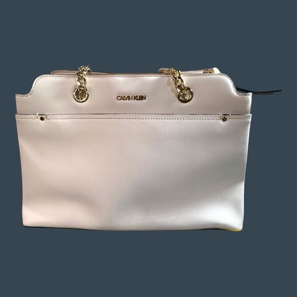 Calvin Klein White Purse Pocketbook Chain Straps Key Item Saffiano Leather Tote - Picture 10 of 12